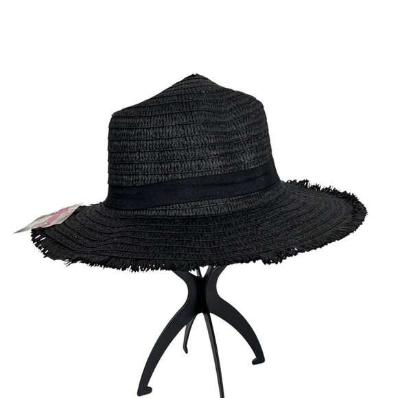 Fashion Hat Woven Fringed Sun Hat Grosgrain Ribbon Band Black NWT 9037 - Picture 1 of 14